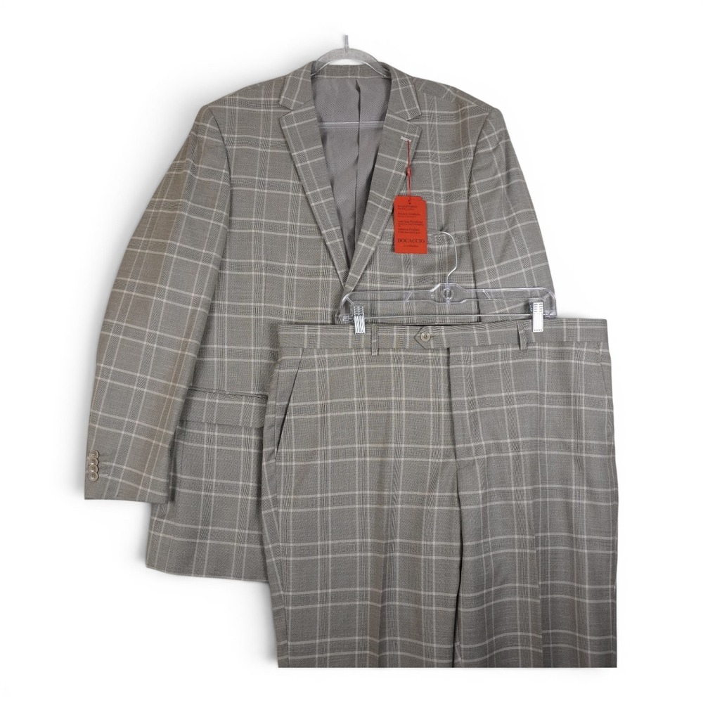 Bocaccio Uomo Mens Stretch Plaid 2-Piece Suit 48L  Jacket 42x31 Pants NWT Gray
